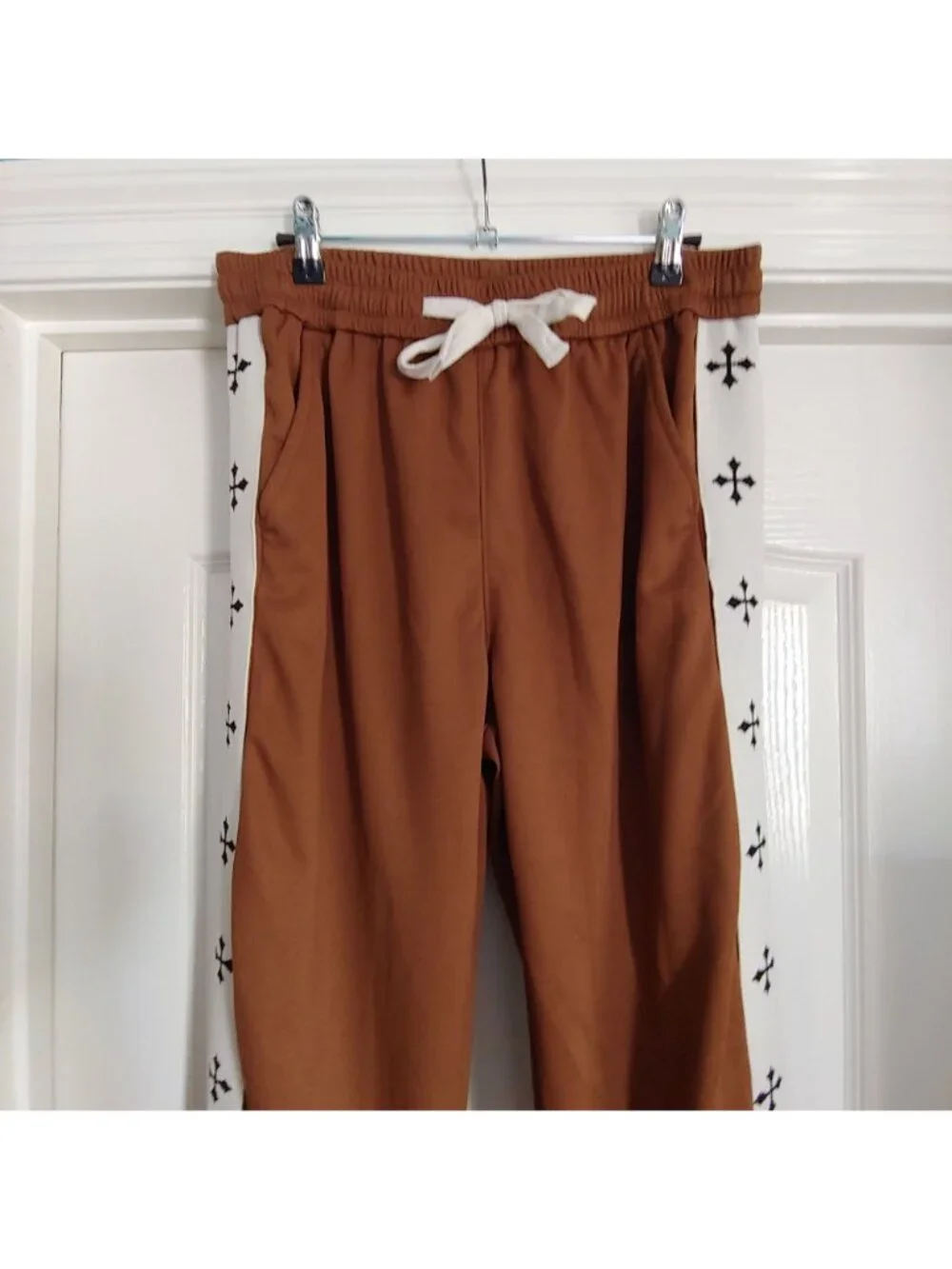 Mens Track Pants Side Tape Cross Streetwear Loungewear Y2K Chocolate Brown M